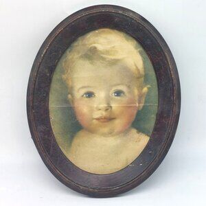 Vintage Oval Framed Baby Portrait Print 11" Height 8" Width